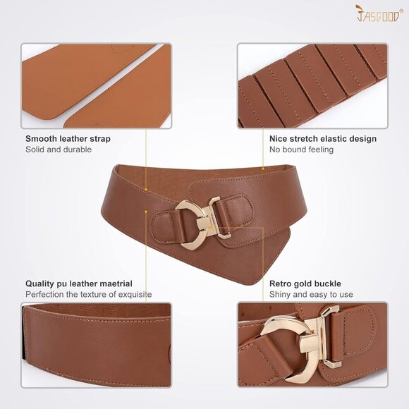 Women\'s Wide Elastic Stretch Waist Belt Adjustable Dress Belt Matte Brown Gold main image 5